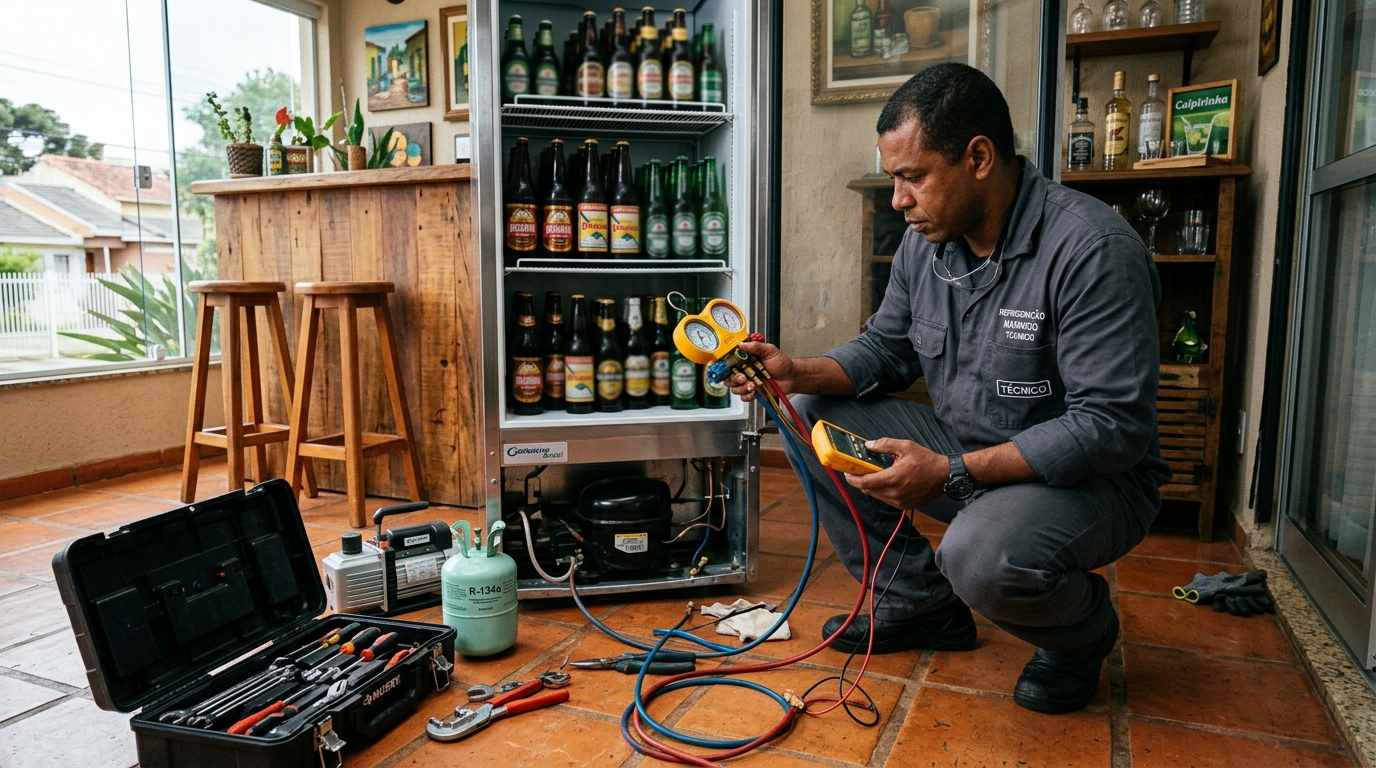 Profissional executando reparo no motor de cervejeira em Recife‑PE