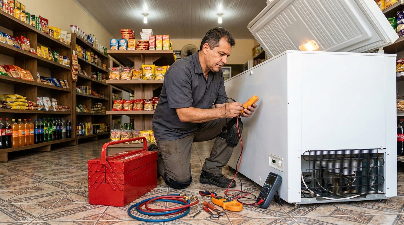 Recarga de gás refrigerante no freezer durante atendimento em Recife‑PE