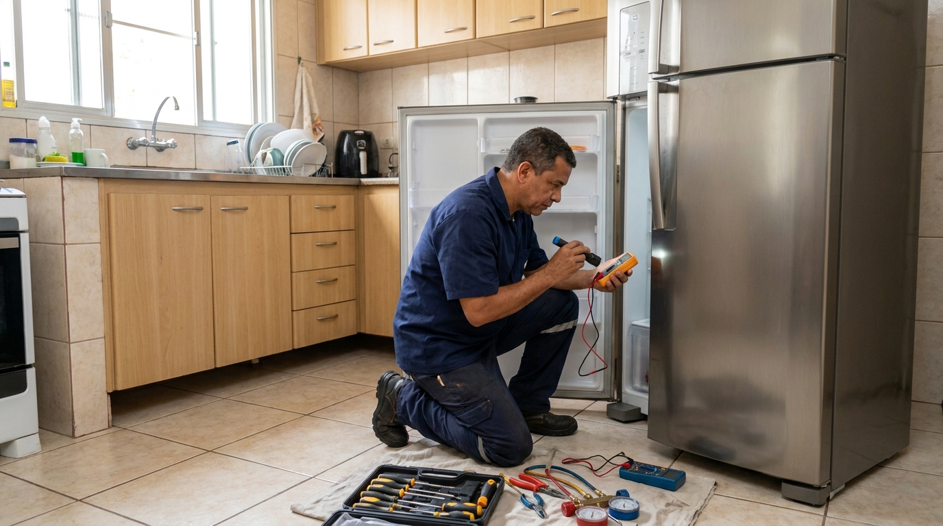Técnico aplicando recarga de gás refrigerante em geladeira em Recife‑PE